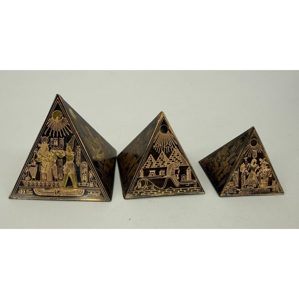 Vintage Egyptian Pyramid Figurines Set 3 Brass Hieroglyphics Statue Decor